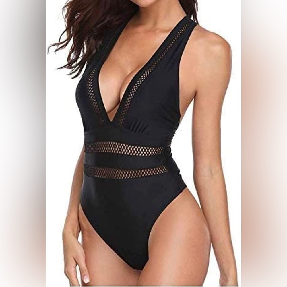 Deep V-Neck Sexy Mesh See-Through Swimsuit